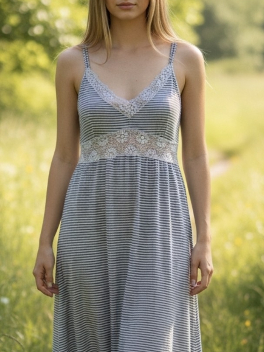 Lace-Trim Striped Summer Dress - Gray